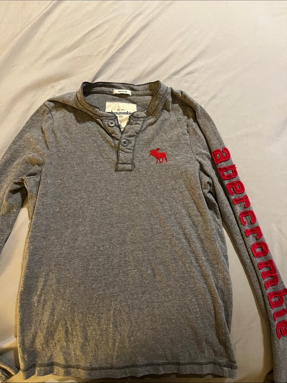 Abercrombie & Fitch Gray Long-Sleeve Henley with Red Logo and Sleeve Script